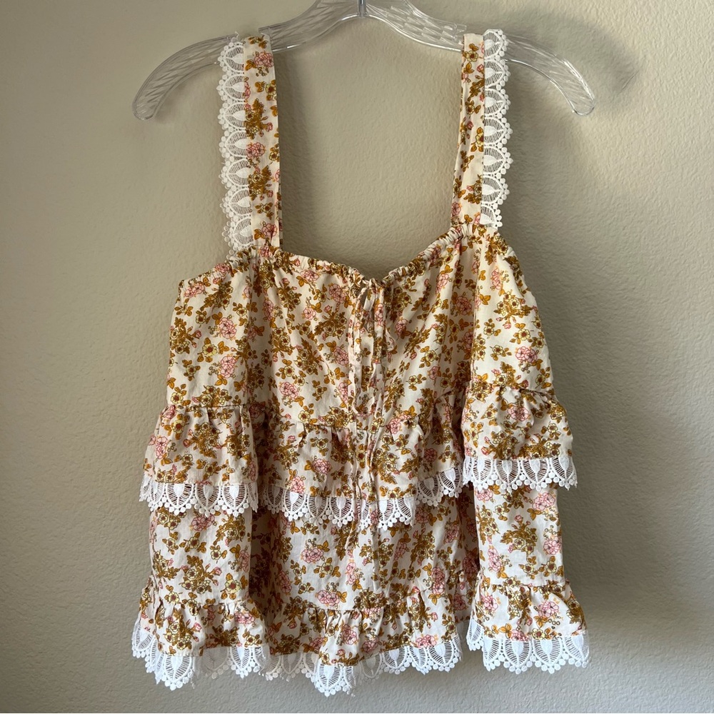 Floral Lace-Trim Tank Top - Cream, Gold and Pink Flower Design